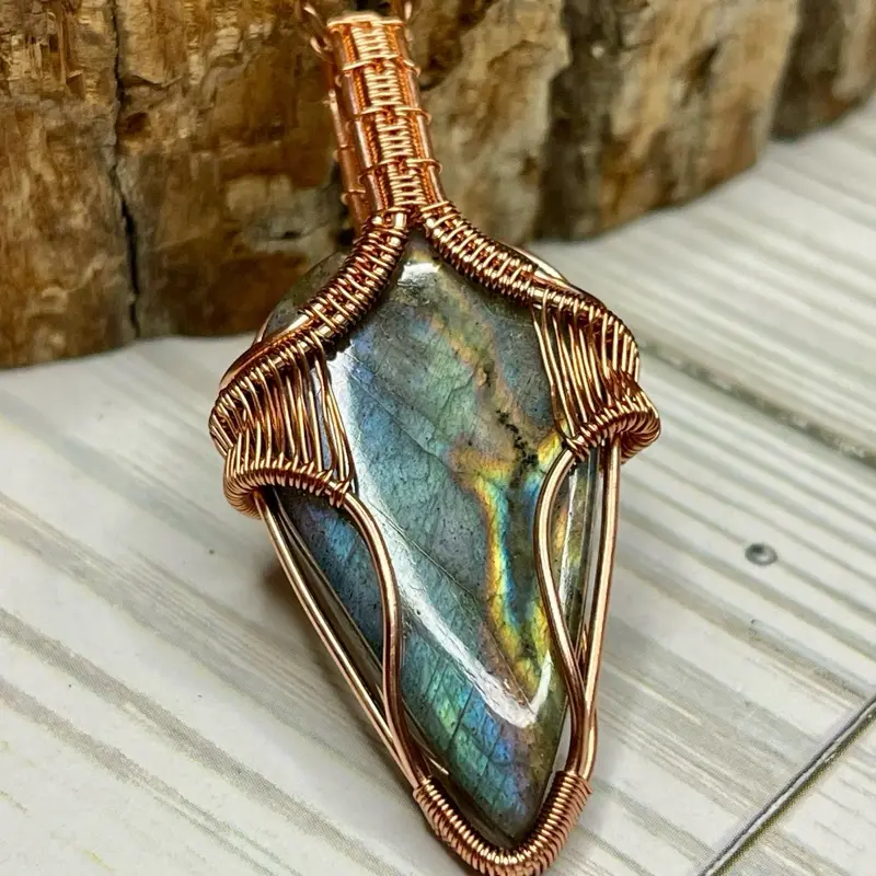 Handmade Teardrop MultiColor Labradorite Pendant Necklace, Copper Wire-Wrapped Empress Design, Spiritual Magic Jewelry for Balance & Crown Chakra, Scorpio, Adults, Healing Pendants, Crystal Energy Necklace, Third Eye, Intuition, Black Corded Necklace