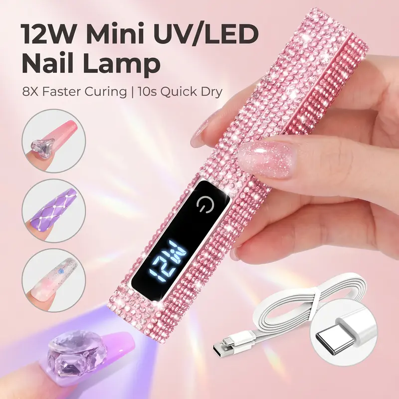 SAVILAND Portable Glitter 12W Pink Compact Lightweight Handheld LED/UV Nail Dryer with LCD Display, Cordless for Fast Gel Polish Curing, Nail Treatment, Manicure & French Use at Home/Salon