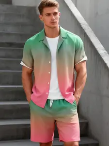 Men's Gradient Green-Pink 2-Piece Aesthetic Casual Outdoor Menswear Set - Short Sleeve Camp Collar Shirt & Matching Drawstring Shorts, Breathable Lightweight Fabric, Loose Fit for Hiking, Beach Days & Summer Outdoor Activities