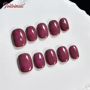 Wine Starry Handmade Press-On Nails | Short Round Square Shape, 10pcs | Burgundy Glitter Shimmer Star Print | Edgy Dark Aesthetic | For Daily, Date, Party, Vacation, OOTD | High Gloss, Long Lasting, Reusable, Handmade DIY Nail Art