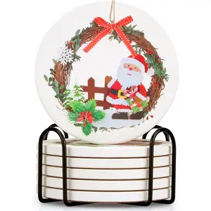 6 Pcs Ceramic Christmas Coasters with Holder - Best Absorbent Round Santa Drink Coasters for Xmas & Holiday - Vintage Table Set