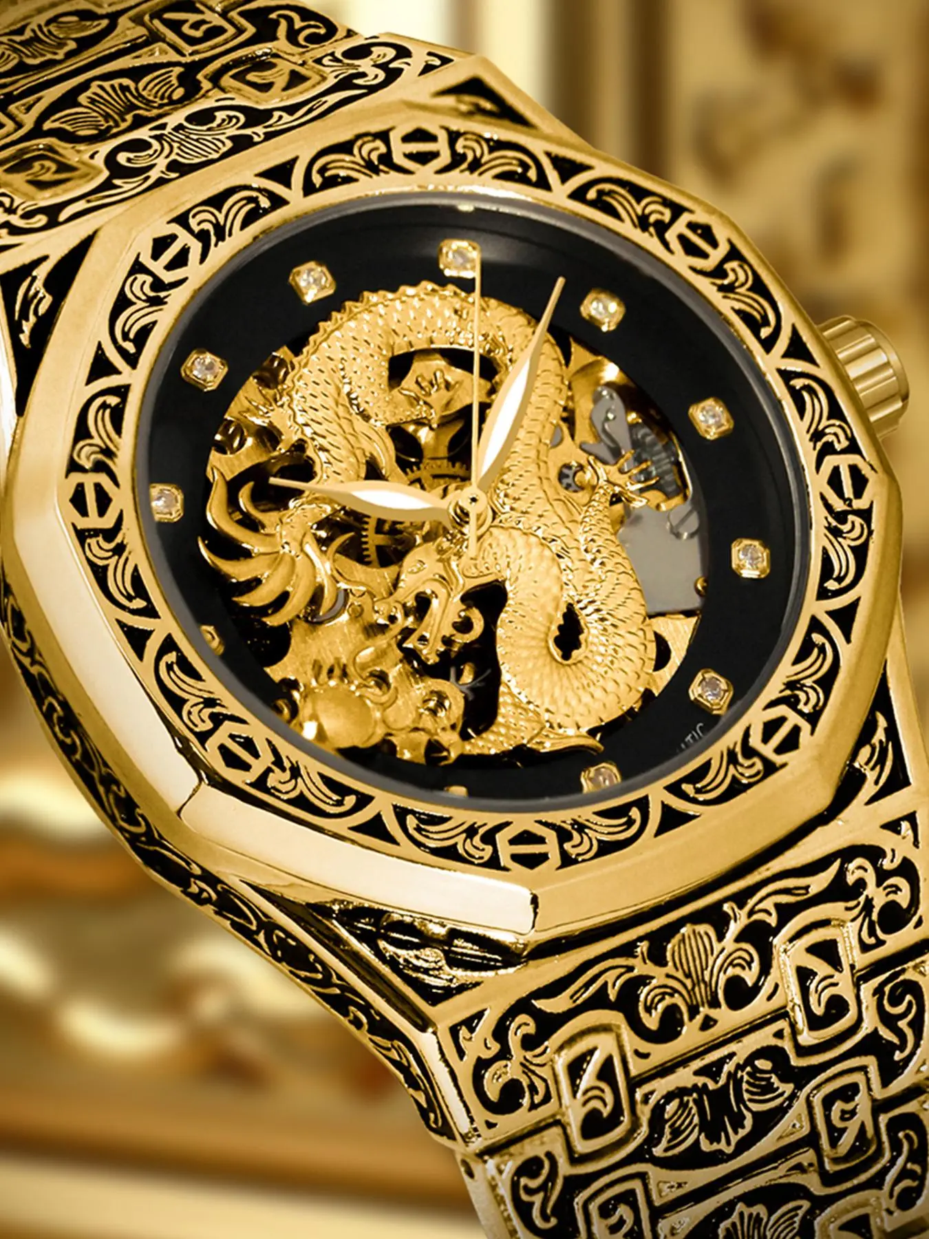 Men's Vintage Dragon Design Mechanical Watch, Fashion Luminous Dial Watch for Party, Daily Decor, Trendy All-match Watch for Birthday Gift with Box, Fashionable Stylish Watch