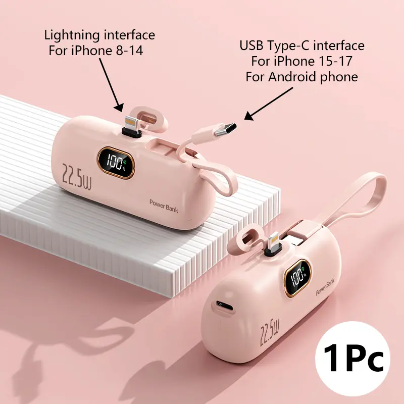 【FreeShip】Mini PowerBank 5000mAh 22.5W Portable Charger, Fast Charge Mini Power Bank with Digital Display, Built-in Cable for Daily Travel, Easy to carry