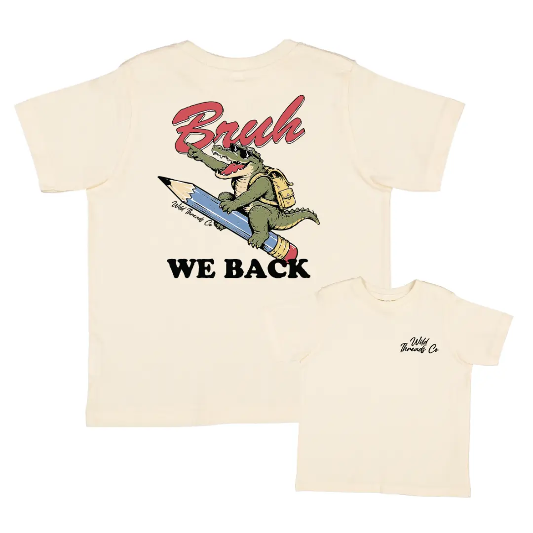 Bruh We Back Youth T-Shirt, Back to School Graphic Tee for Boys and Girls, Cool Dinosaur School Outfit, Fun Cartoon Pencil Print Top, Youth Apparel, Casual Short Sleeve Shirt