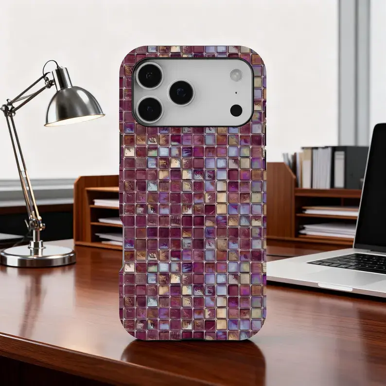 Mosaic Tile Print Phone Case, Burgundy Checkerboard Tough Cover for iPhone 17 16 15 14 13 12 11 Pro Max