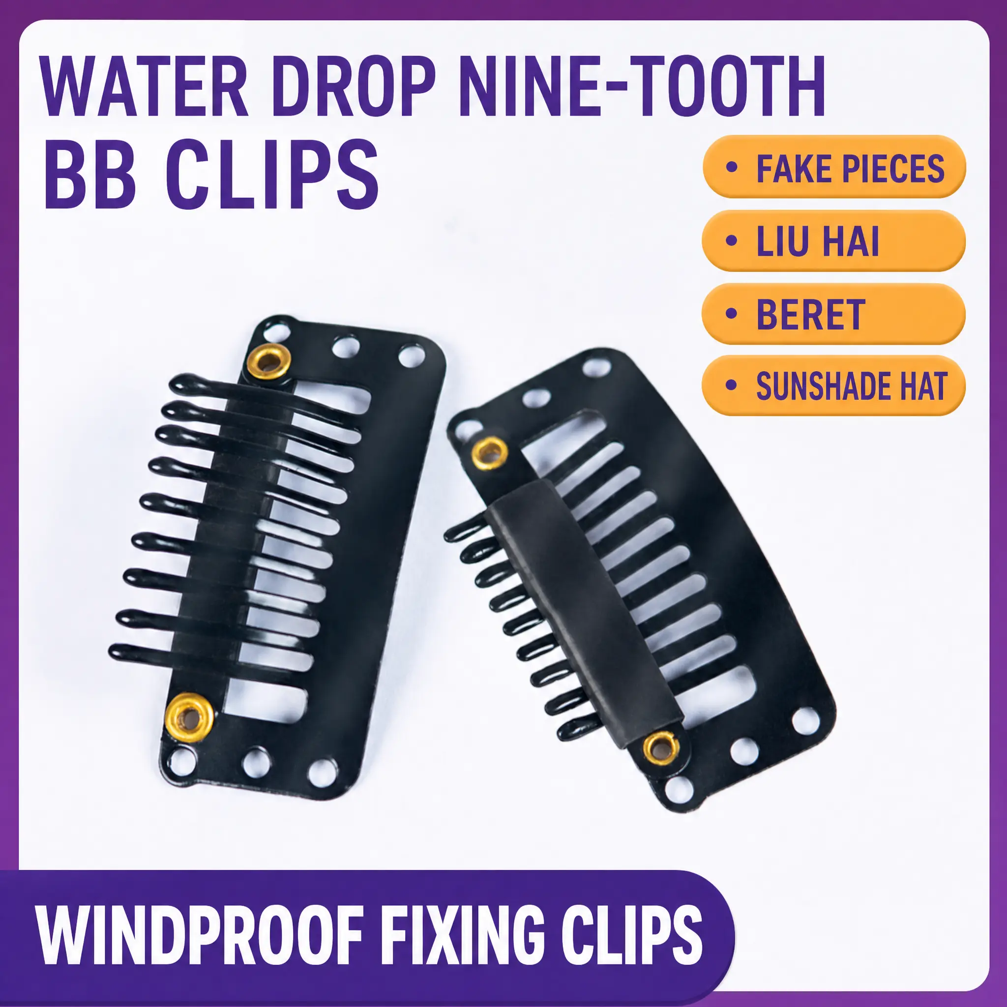 9 Tooth Wig BB Clips, Metal Anti Slip Windproof Combs Snap Clips for Wigs Hair Extensions Hairpieces Hat Fixed Attachment