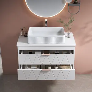 32 inch Bathroom Vanity with Vessel Sink, Wall Mounted Bathroom Cabinet with 2 Soft Closing Drawers, Rose Gold Handle, Solid Wood Countertop, Floating Modern Bathroom Vanity for Small Space, White