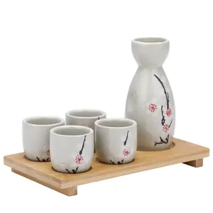 Japanese Sake Set, Ceramic Saki Cup Set with 1 Sake Carafe, 4 Sake Cups and 1 Tray