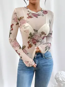 Women's High Neck Fitted Long Sleeve Top, Elastic Mesh Floral Print Blouse, Elegant All Season Wear, Comfortable and Stylish