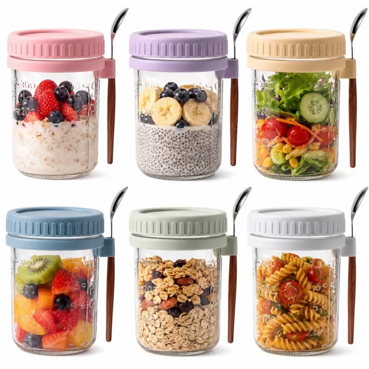6 Pack Glass Dessert Bowls with Stainless Steel Spoons for Overnight Oats Yogurt Cups and Breakfast Containers