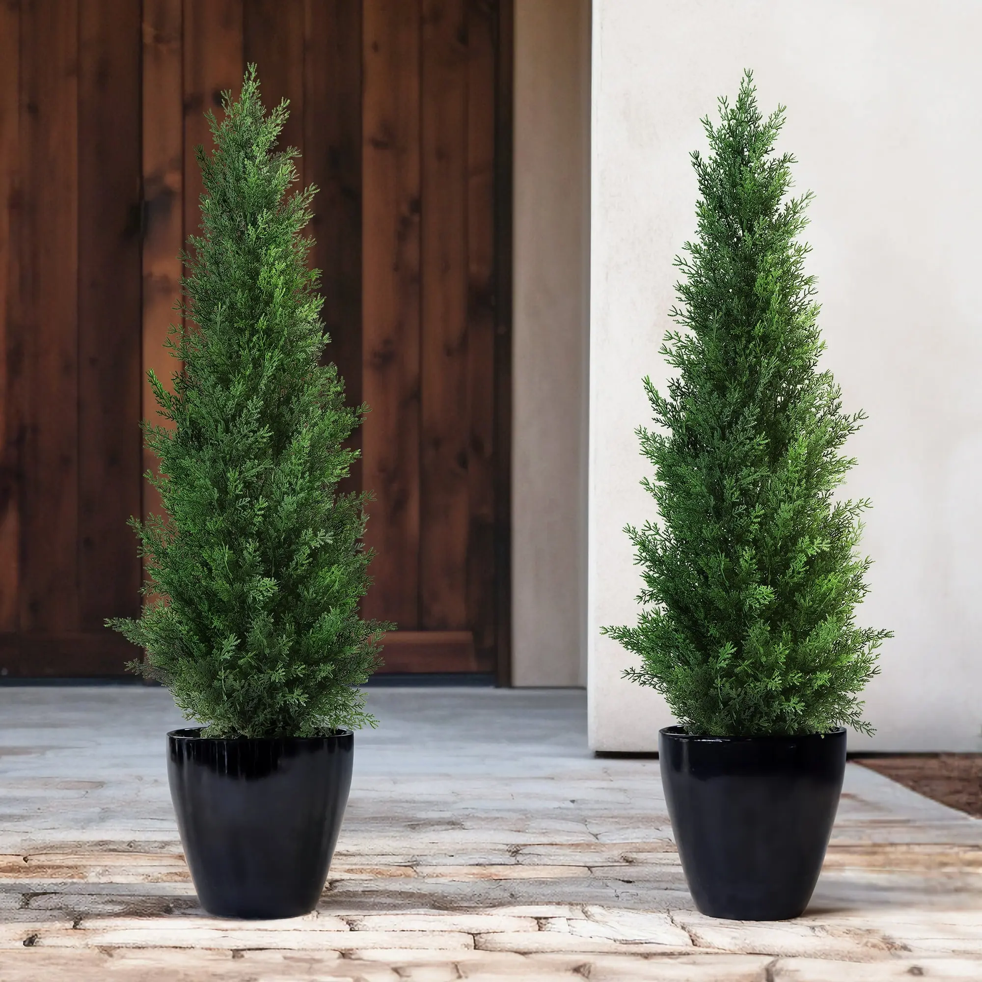 DR.Planzen Artificial Cedar Tree 2 Pack 3 ft Outdoor Artificial Topiary Cedar Plants Fake Tree UV Rated Potted Plants for Porch Decor Faux Pine Tree for Perfect Housewarming Gift