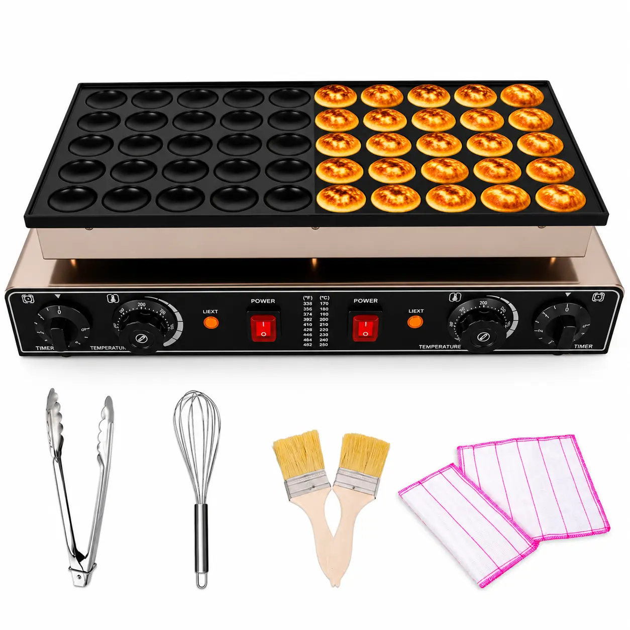 110V Commercial 50-Cavity Mini Dutch Poffertje Pancake Maker, 1800W Power, 1.6 Inch Hole Diameter, Non-Stick & Fast Heating, Dual Thermostats and Dual Timers with Independent Control, Dual Use for Home and Restaurant