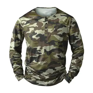 Camo Henley Long Sleeve Shirt Tactical Style for Hiking & Outdoors Menswear Top