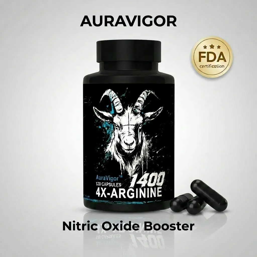 Auravigor Nitric Oxide Booster Edible Capsules - 1400mg Per Serving - New Formula - 4-Type Arginine Blend - Maximum Absorption & Efficacy - 120 Caps, 60-Day Supply for Adults' Fitness, Pump On Demand Pre-Workout Support, Prop 65 Safe