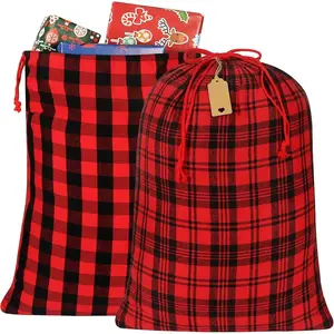 2 count  Santa Bag, 28x20 inch Plaid Fabric Drawstring Christmas Bags,  Cloth Wrapping Bag with  Tag for Xmas Presents