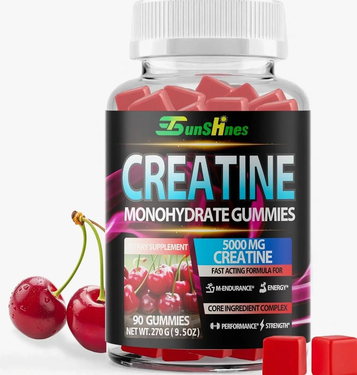 Creatine Monohydrate Gummies 5g (5000mg), Sugar-Free Creatine, Pre-Workout Energy, Veg, Non-GMO, for Men & Women - 90 Count Cherry Flavor