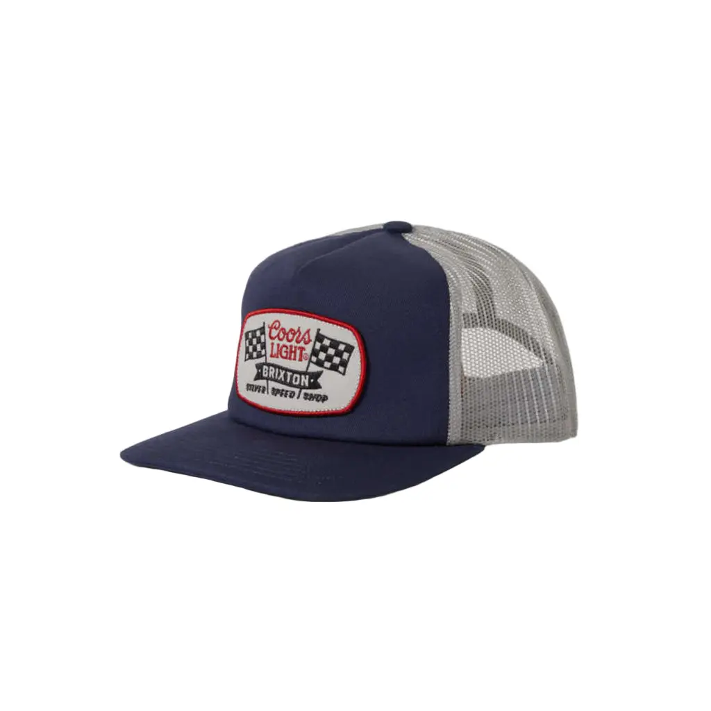 Brixton Men's Coors Light Casual Pit Stop Trucker Hat - Adjustable Snapback Cap with Mesh Back Panel, Navy/Silver, Mesh Snapback Hats, Mens Hats