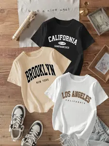 3-Pack California Letter Pattern Short Sleeve T-Shirts, Women's Round Neck Casual Sports Tees, Spring Summer Daily Wear, Ladies Tops