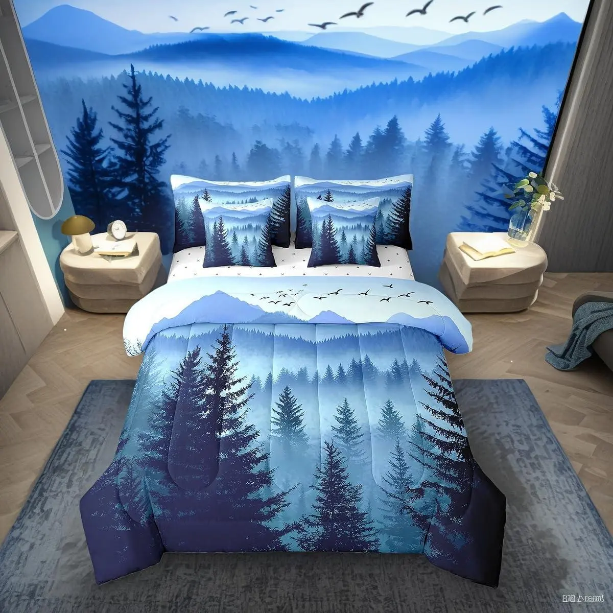Dark Blue Comforter Set with Sheets Mountain Pine Tree Forest Bedding Set,7 Piece Rustic Woodland Nature Landscape Bed in A Bag for Kids Boys Teen Men,Soft Lightweight Bed Set