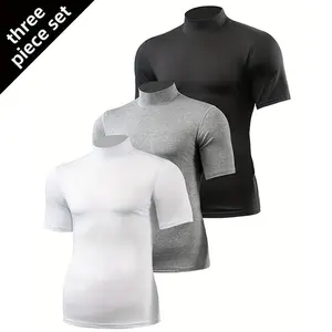 Male 3-Pack High Neck Short Sleeve T-Shirts, Moisture-Wicking Stretch Tees, Breathable Quick-Dry Athletic Tops for Gym, Running, Daily Casual Use