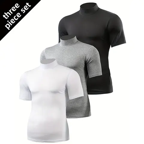 Men's 3-Piece Mock Neck Compression Athletic Apparel Tops - 3pack Workout Set, Quick Dry, Breathable Cooling Compression Shirts, Everyday Active Sportswear for Gym, Running