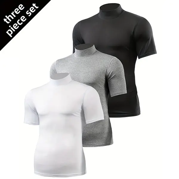 Men's 3-Pack High Neck Short Sleeve Compression Shirts, Moisture-Wicking Stretch Activewear Clothing, Fitted Breathable Quick-Dry Tops for Gym, Daily Casual Use