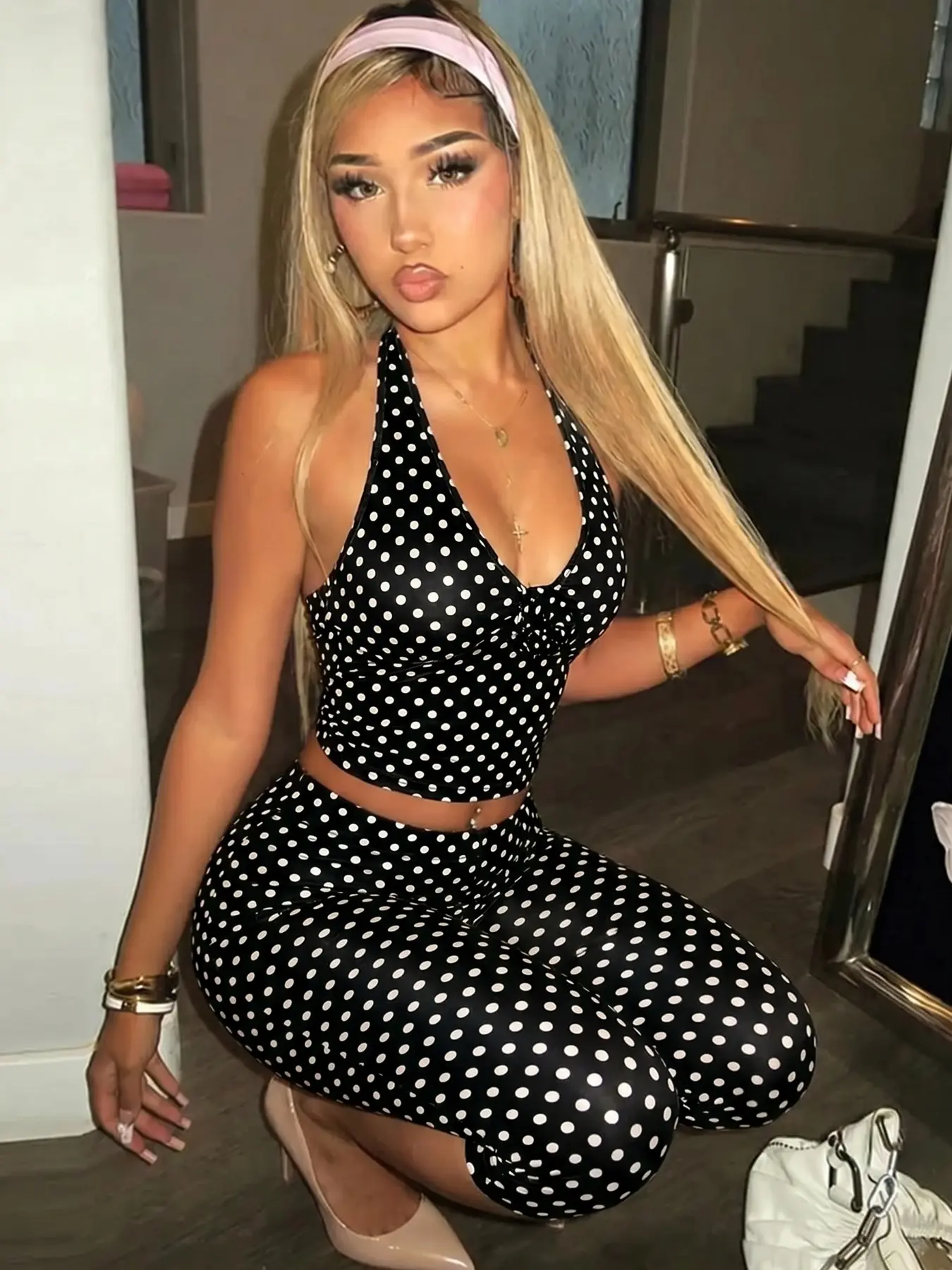 Women's Polka Dot Halter Crop Top & Capri Leggings 2-Piece Set 2026 Slim Fit Sleeveless Backless Matching Outfit Casual Streetwear Summer Daily Trendy Going Out Stylish Viral TikTok Fashion Essential Womenswear Style