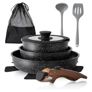 10 Piece Nonstick Pots and Pans Set, Nonstick Induction Kitchen Cookware Sets with Detachable Handle, Induction Stackable RV Kitchen Cookware Sets Removable Handle, Oven Safe, Black