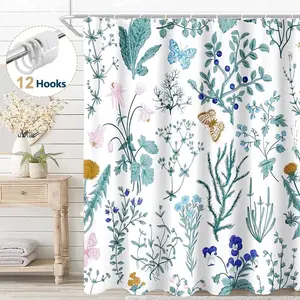 Blue Floral Fabric Shower Curtain, Waterproof Bathroom Curtain with 12 Hooks, 72" x 72"