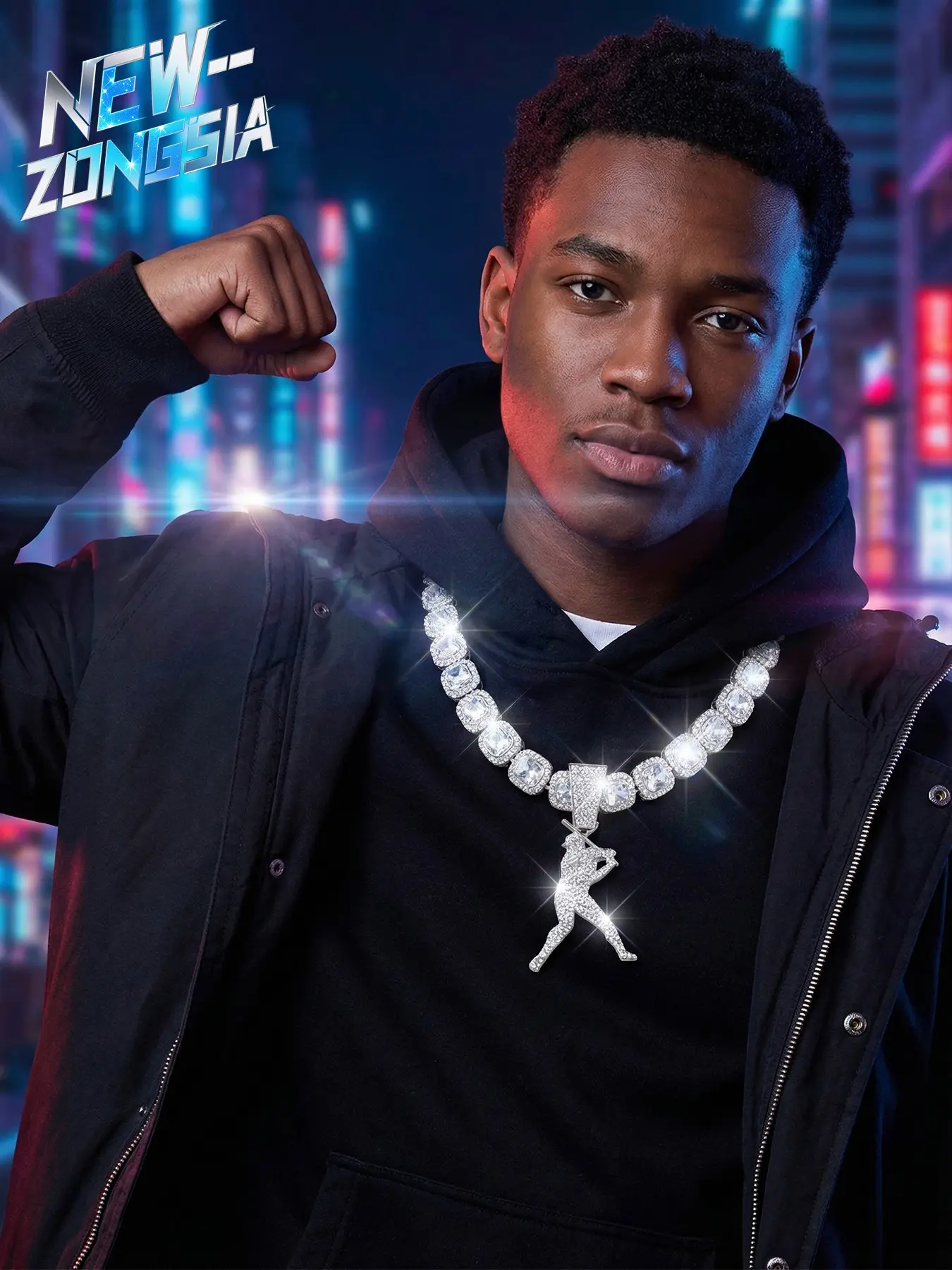 Baseball Player Full Rhinestone Necklace, Unisex Elegant Gift, Hip Hop Sport Style, Sparkling Pendant with Braided Chain, Cuban Chain, Square Candy Chain, Trendy Jewelry