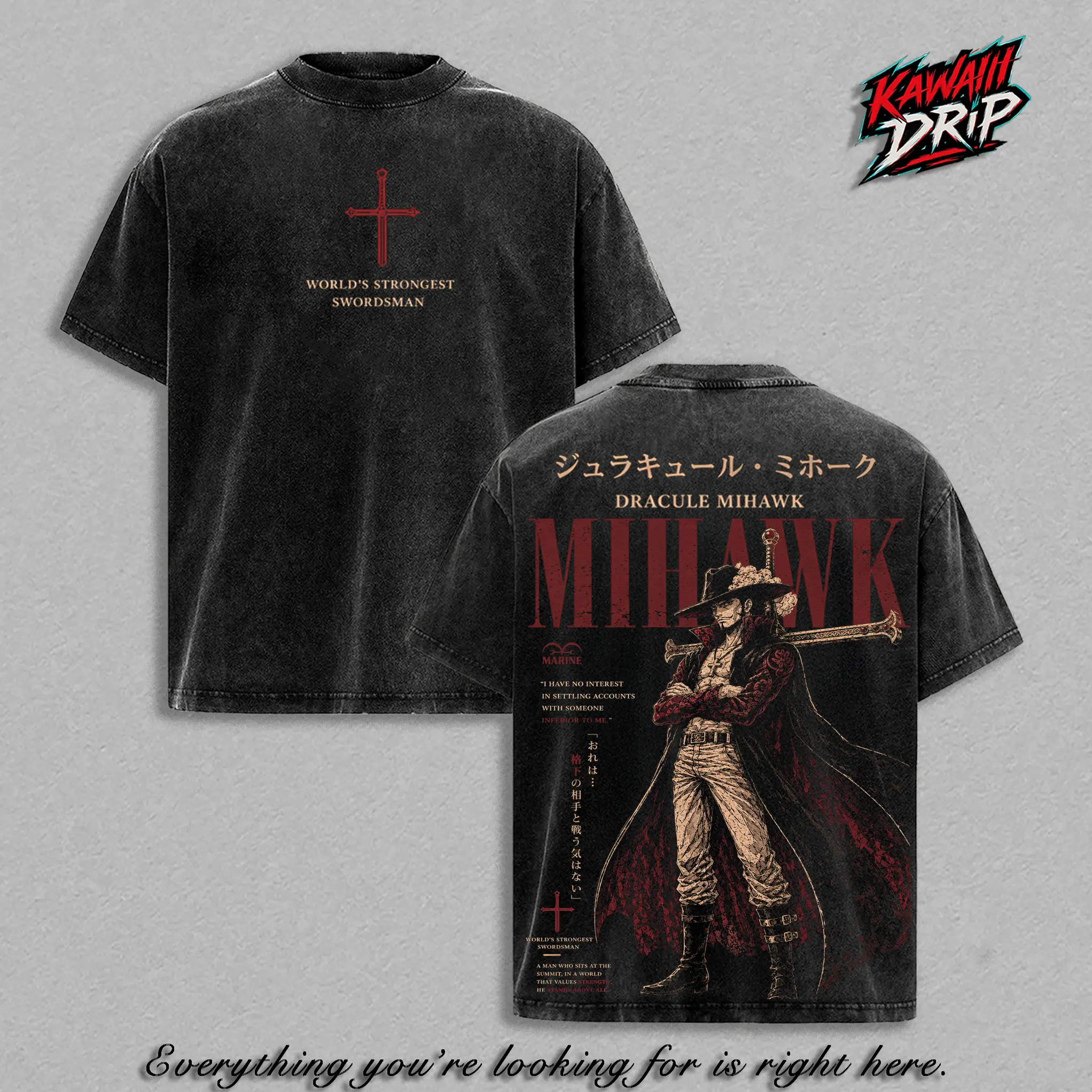 Dracule Mihawk T-Shirt - One Piecee Anime Double Printed Vintage Washed Tee Unisex Oversize Anime Manga Washed Heavyweight Cotton T-Shirt