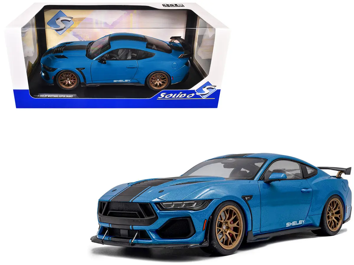 1:18 Scale 2024 Ford Shelby Mustang Super Snake Grabber Blue Metallic with Black Stripes by Solido
