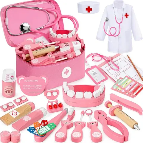 Ophy Wooden Pretend Doctor Kit - 40-Piece Realistic Unisex Kids Toy with Real Stethoscopes, EfficientGrip, Syringes, Toothpaste, Hats, Cool & Christmas Gifts for 3+ Years Kids, Pretend Play Toy