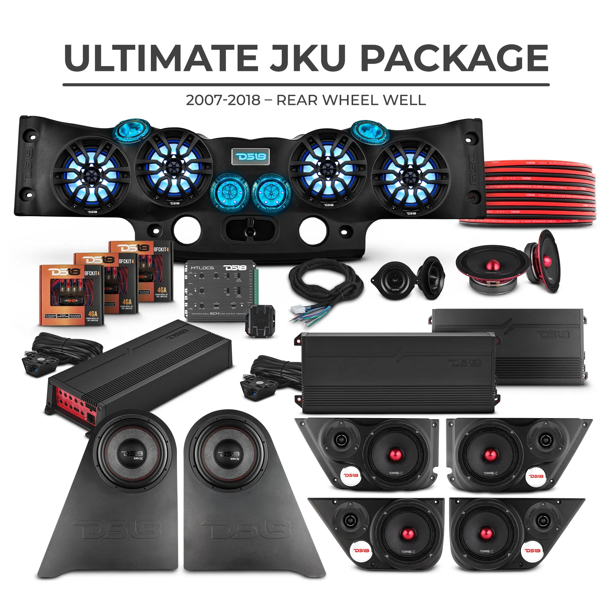 Jeep JKU 2007-2018 Ultimate Package – Loaded Sound Bar, Door Panels, Rear Wheel Subwoofers & Amplifiers