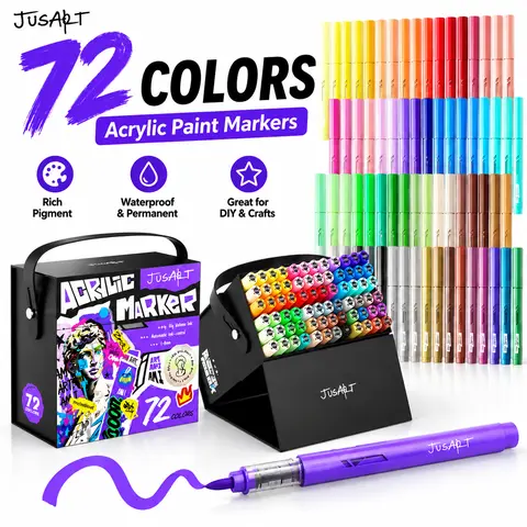 JusArt Acrylic Paint Markers, 72 Colors Brush Tip with Automatic Ink Control, Portable Drawing & Painting Supplies with Carry Box Stand, Color Chart, Smooth Waterproof Ink Office Art Supplies for Crafting Fun, Rock Painting