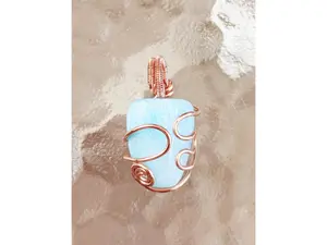 Larimar Natural Gemstone Cabochon Copper Wire Wrap Jewelry Art Pendant-