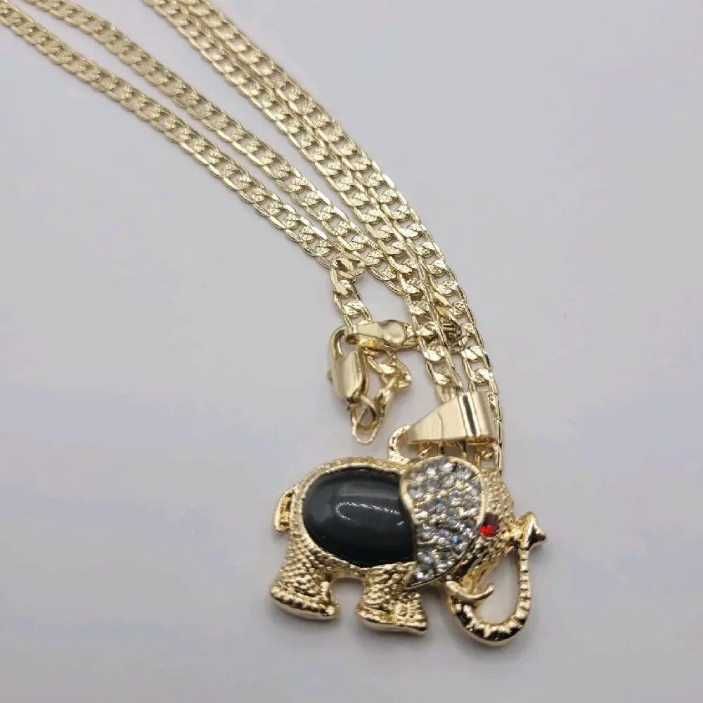 Elephant Pendant Black Red Eyes Clear Stones Gold Plated Chain 24 Inches Cuban Link Style Necklace for Animal Lovers