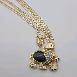 Elephant Pendant Black Red Eyes Clear Stones Laminated Gold Chain 24 Inches Cuban Link Style Necklace for Animal Lovers