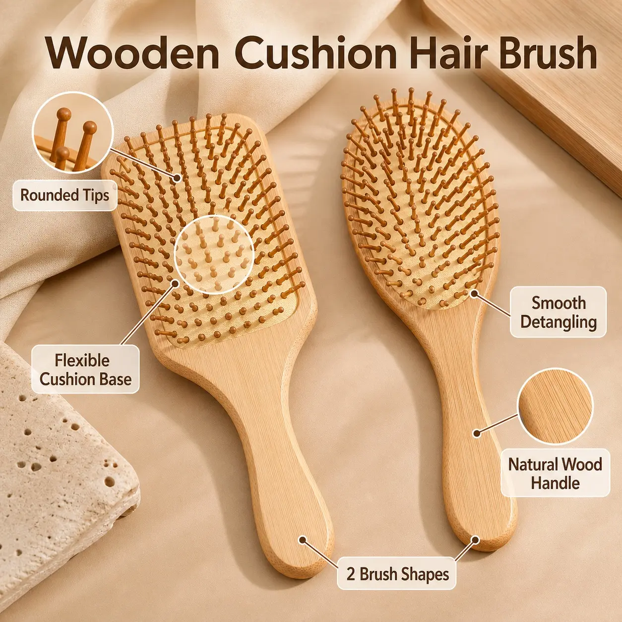 Bamboo Hairbrush Natural Wooden Massage Anti-Static Brush for Hair Scalp Grooming Combats Static Electricity Air-Cushioned Styling Tool Effortless Hair Detangling