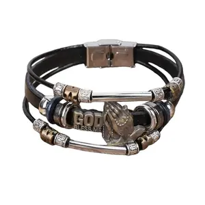 Bracelets Multi-Layer God Bless Me Leather Bracelet Vintage Bracelets for Women Men Religious Christian Jewelry