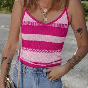 Women's Summer Casual Vests Red Stripe Spaghetti Strap V Neck Sweater Vest