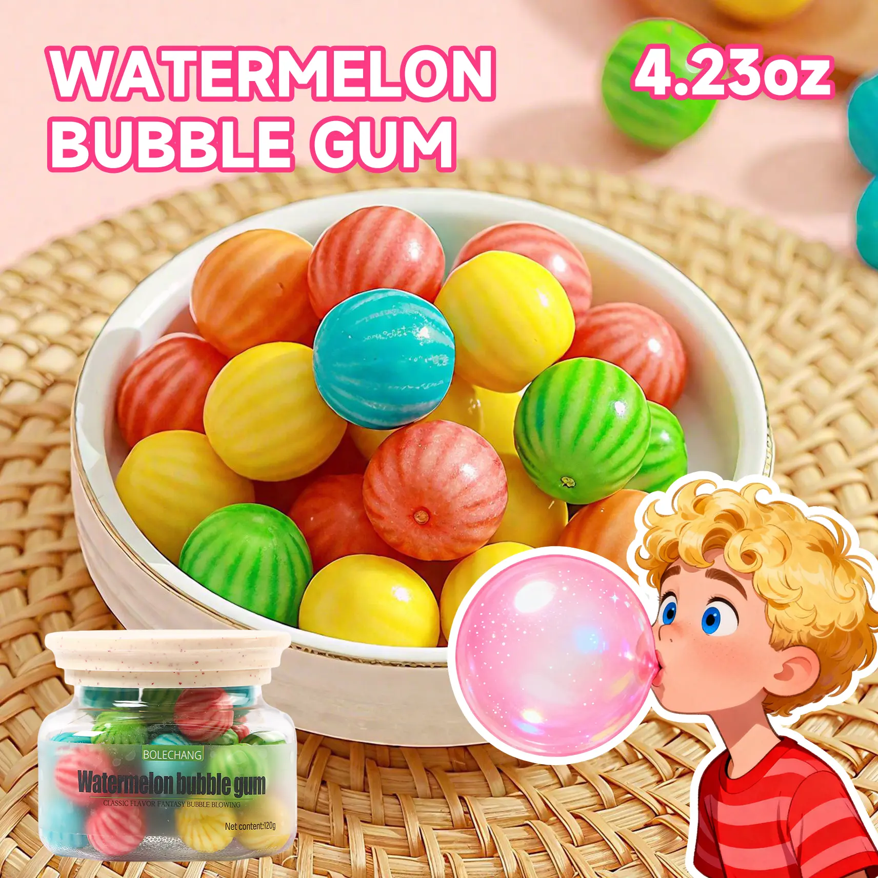 Watermelon Bubble Gum, 4.23oz/box, Juicy Watermelon Flavor, Chewy Bubble Gum for Kids & Adults, Party Favors, Office Snack Jars, Gluten-Free, Perfect for Easter Basket Fillers, Fresh Fruity Taste