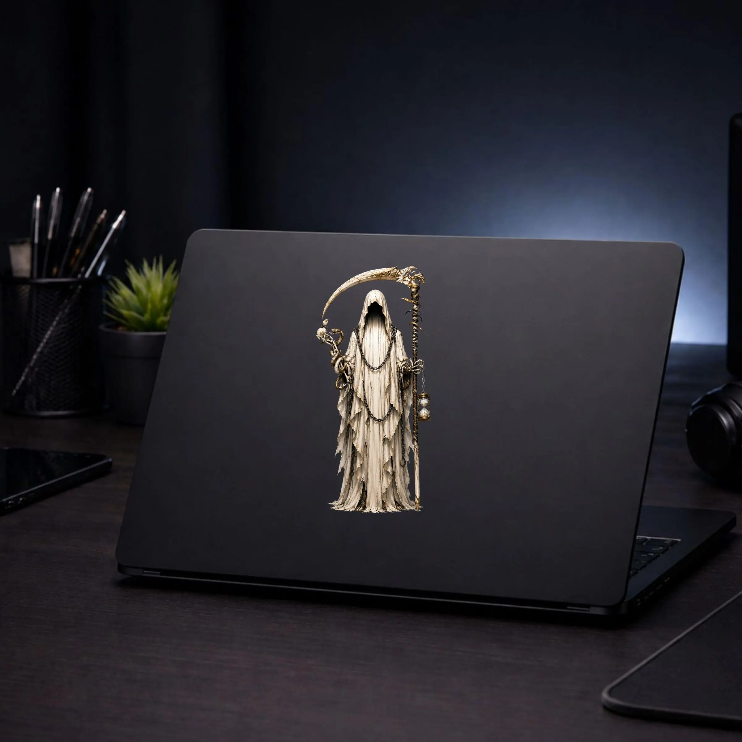 Hooded Grim Reaper Scythe Sticker, Dark Fantasy Death Angel Vinyl, Gothic Waterproof Decal for Helmet Laptop