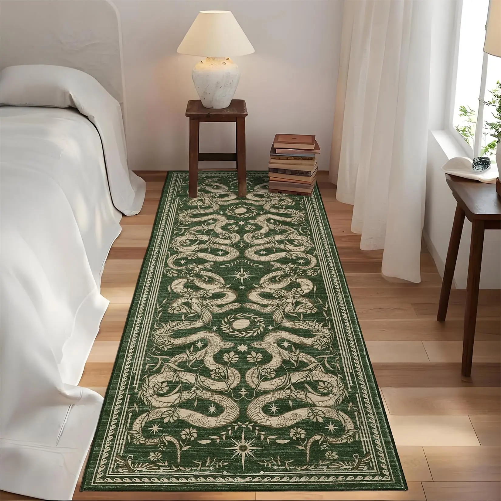 Snake Washable Runner Rugs for Hallway 2x6 Non Slip Kitchen Rugs Forest Low Pile Stain Resistant Throw Carpet for Bedroom Laundry Room Entryway, Green