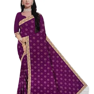 Diamond Foil Printed Saree comes with blouse piece (can wear without falls) - Available in Various Colors with Elegant Design and Detailed Trimmed