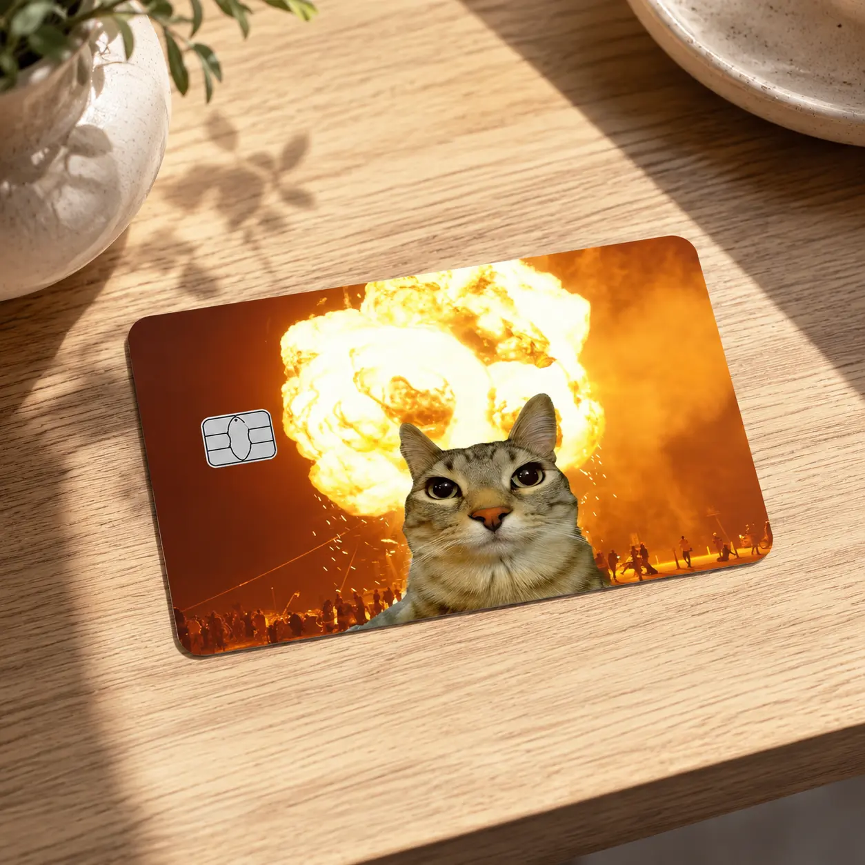 (2pcs per pack) Funny Cat Meme Card Skin Sticker with Fiery Background Cute Kitty Graphic Protective Vinyl Wrap Scratch Resistant Unique Gift Idea