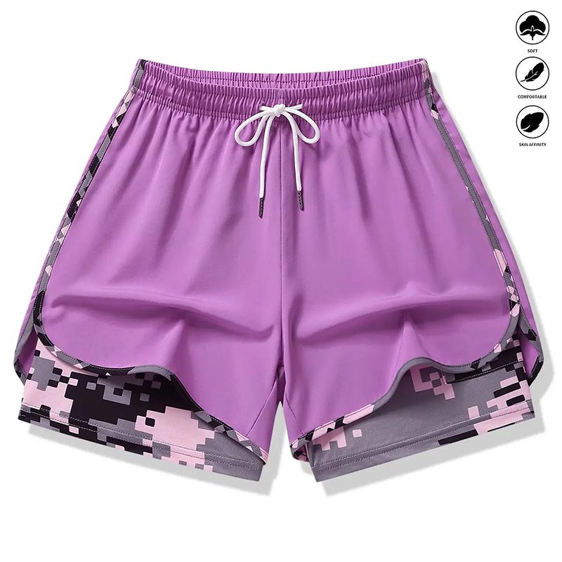 Women's 2-in-1 Athletic Shorts with Built-in Liner Adjustable Elastic Waistband Breathable Soft Fabric Camo Accent Convenient Pockets Light Purple Women's 2-in-1 Athletic Shorts with Built-in Liner Adjustable Elastic Waistband Breathable Soft Fabric Camo Accent Convenient Pockets Light Purple
