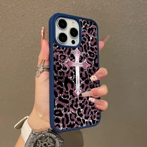 Adorable Magnetic Case for iPhone11/12/13/14/15/16/17/promax Glitter Pink Leopard Cross Design MagSafe Compatible, Lightweight, Anti-Fall | Girly & Chic Style