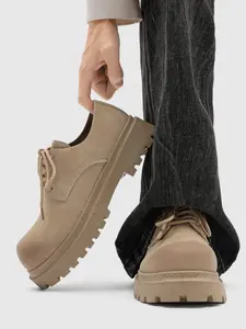 Unisex Khaki Height Boost Platform Workwear Shoes: Slimming Commute Style, Platform Height Boost, Suede Upper, Workwear Design. Ideal for office commute/campus classes