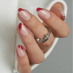 CurvLife Nailora medium almond striped Fake Nails french nude matte for winter 2 Week Wear Damage Free